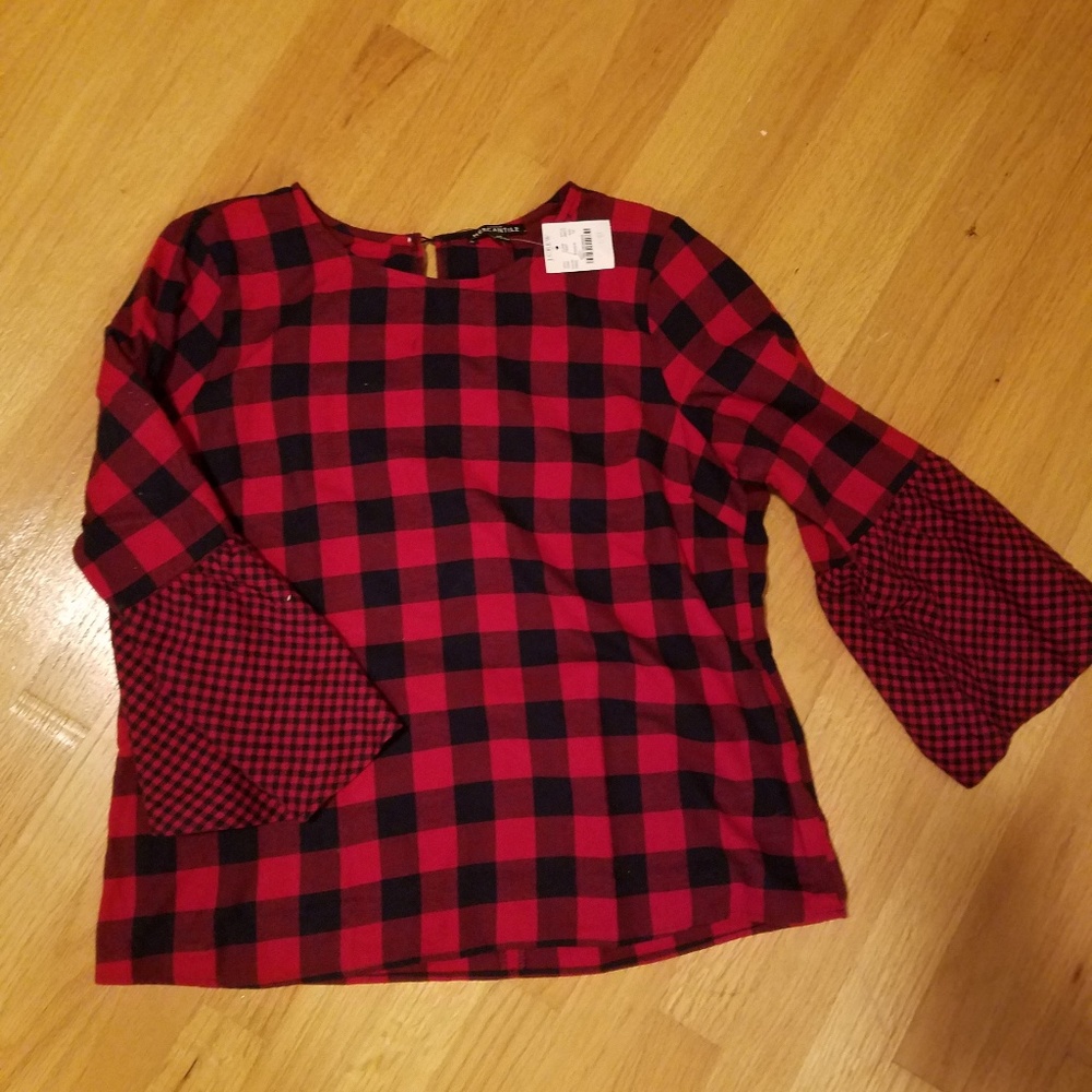 NWT J Crew Plaid Bell Sleeve Top